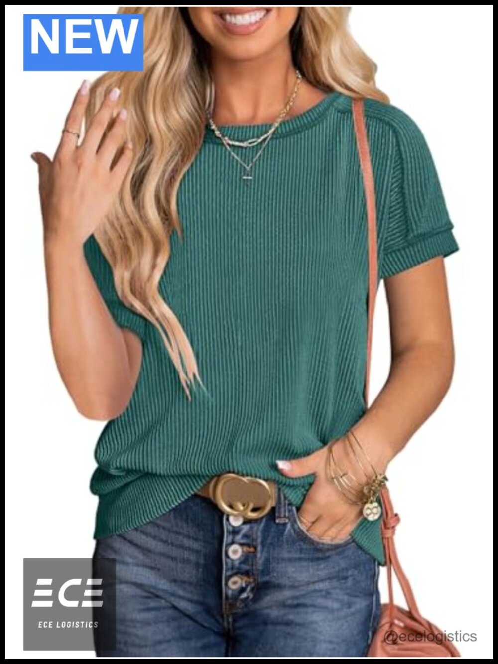 Women's Short Sleeve Ribbed Knit Top Loose Fit Crew Neck Casual Shirt